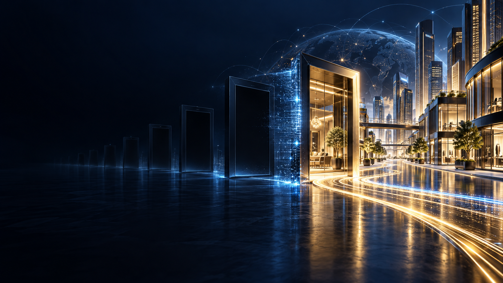 Dark doorways become an illuminated golden entrance, opening into a thriving connected city.
